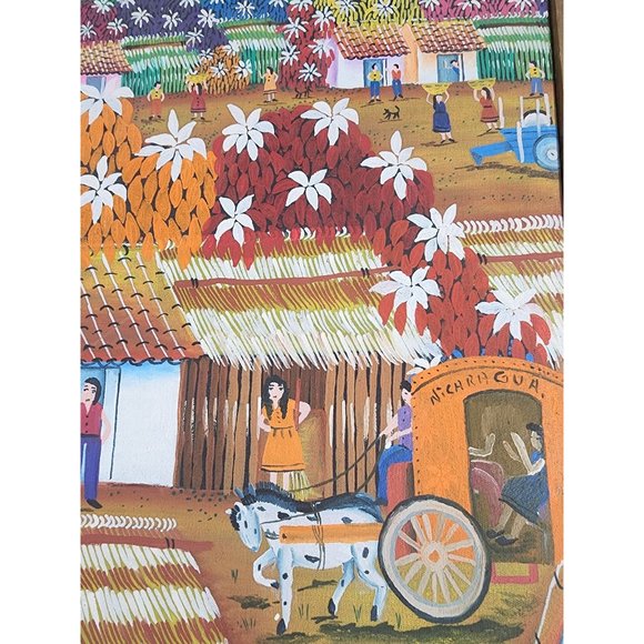 Nicaraguan Country Folk Art Oil Painting on Canvas Signed Flowers Village Life - Picture 4 of 7